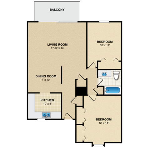 Floor plan for 2 beds, 1 bath, 1004 sqft