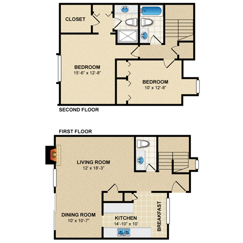 Floor plan for 2 beds, 2.5 baths, 1200 sqft