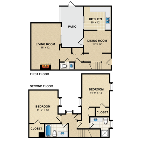 Floor plan for 2 beds, 2.5 baths, 1400 sqft