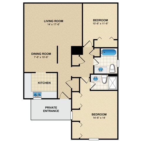 Floor plan for 2 beds, 2 baths, 1065 sqft