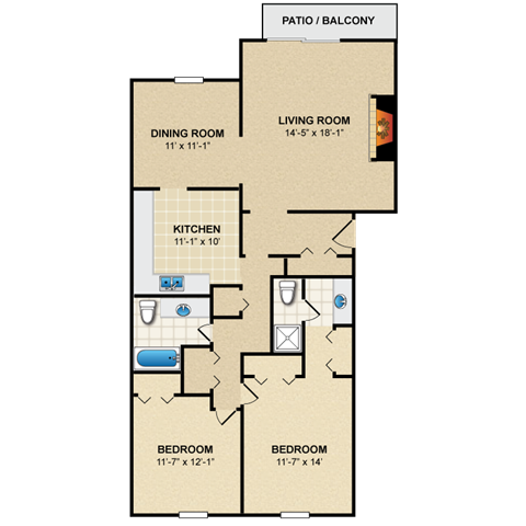 Floor plan for 2 beds, 2 baths, 1200 sqft