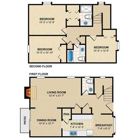 Floor plan for 3 beds, 2.5 baths, 1620 sqft