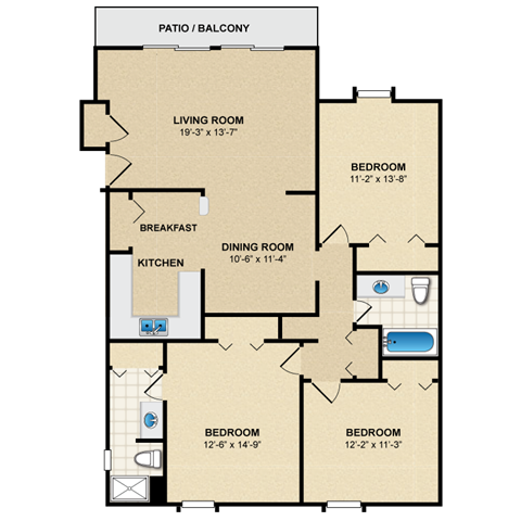Floor plan for 3 beds, 2 baths, 1250 sqft