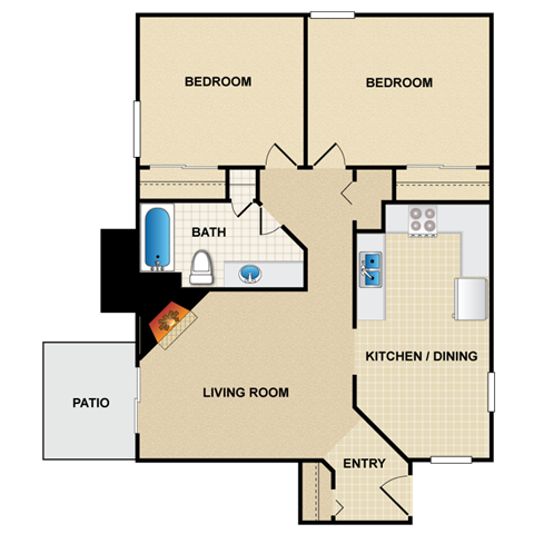 Floor plan for 2 beds, 1 bath, 870 sqft