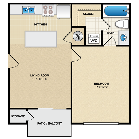 Floor plan for 1 bed, 1 bath, 500 sqft