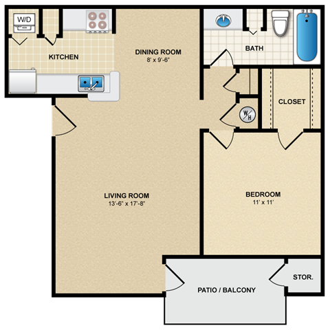 Floor plan for 1 bed, 1 bath, 700 sqft