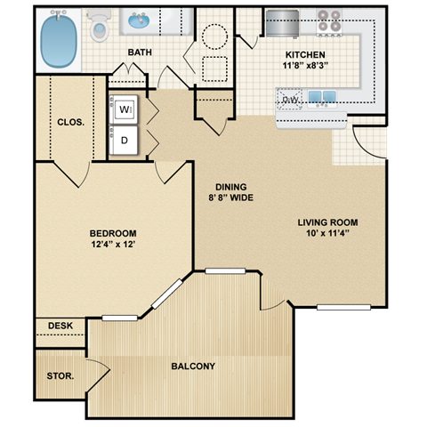 Floor plan for 1 bed, 1 bath, 672 sqft