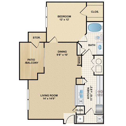 Floor plan for 1 bed, 1 bath, 776 sqft