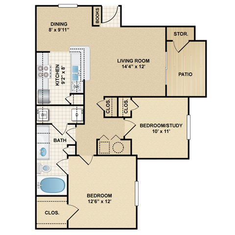 Floor plan for 2 beds, 1 bath, 875 sqft