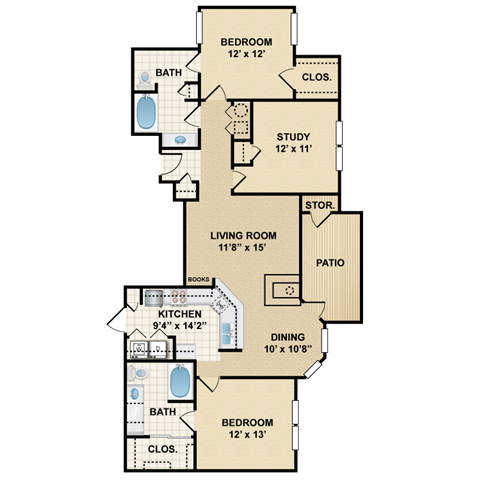 Floor plan for 3 beds, 2 baths, 1350 sqft