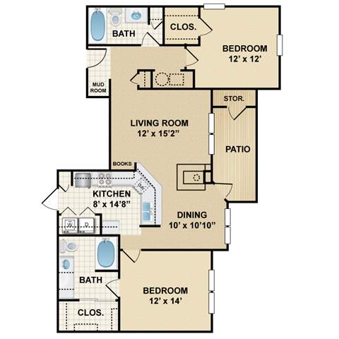 Floor plan for 2 beds, 2 baths, 1138 sqft