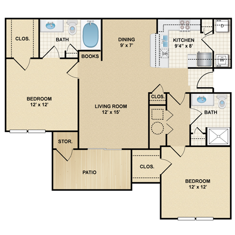 Floor plan for 2 beds, 2 baths, 1018 sqft