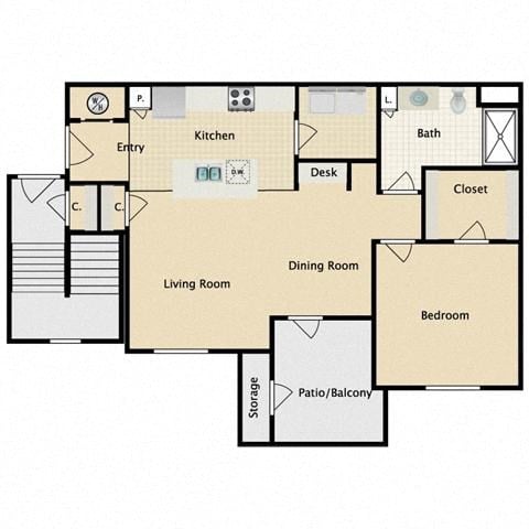 Floor plan for 1 bed, 1 bath, 841 sqft