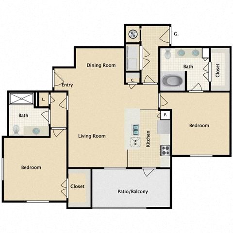Floor plan for 2 beds, 2 baths, 1232 sqft