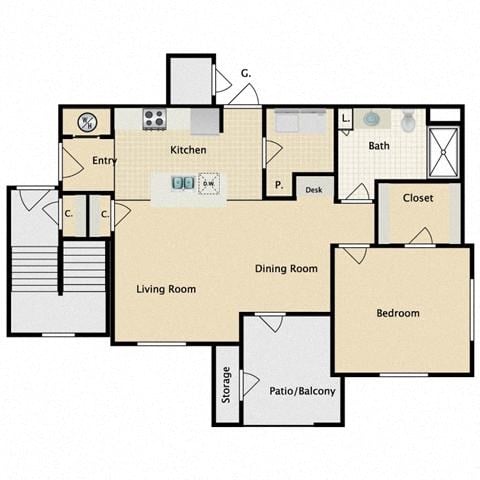Floor plan for 1 bed, 1 bath, 847 sqft