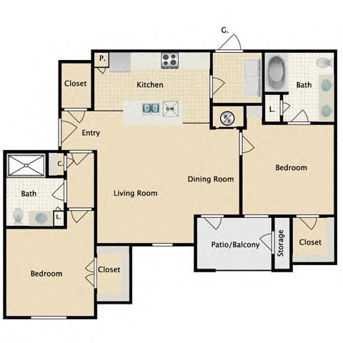 Floor plan for 2 beds, 2 baths, 1090 sqft