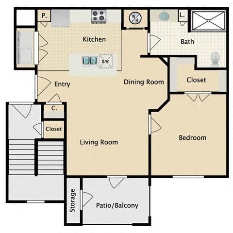 Floor plan for 1 bed, 1 bath, 704 sqft