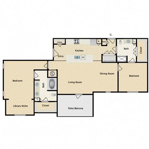 Floor plan for 2 beds, 2 baths, 1372 sqft