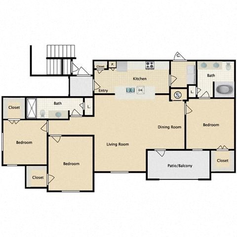 Floor plan for 3 beds, 2 baths, 1470 sqft