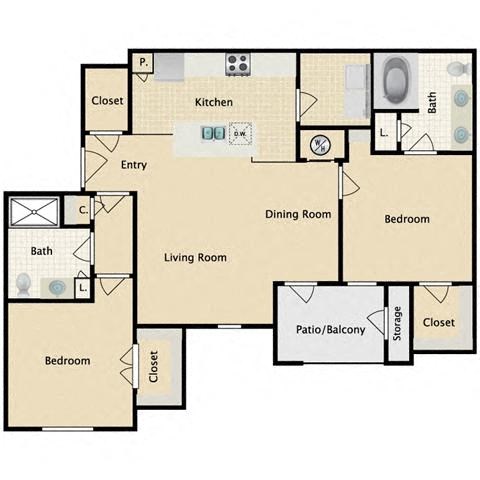 Floor plan for 2 beds, 2 baths, 1090 sqft