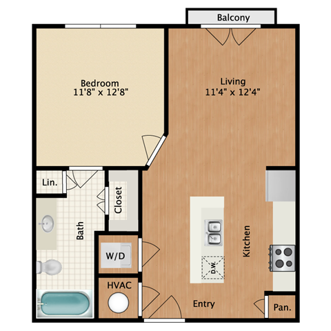 Floor plan for 1 bed, 1 bath, 598 sqft