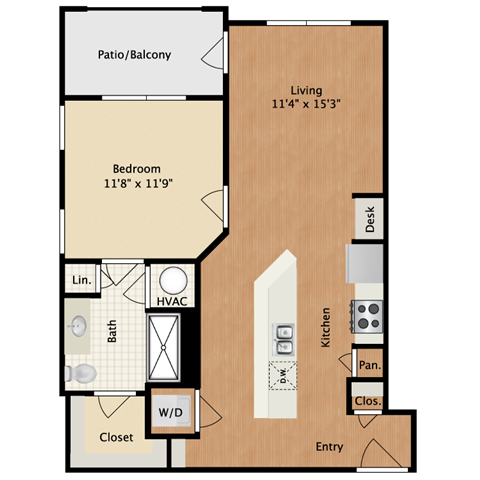 Floor plan for 1 bed, 1 bath, 688 sqft