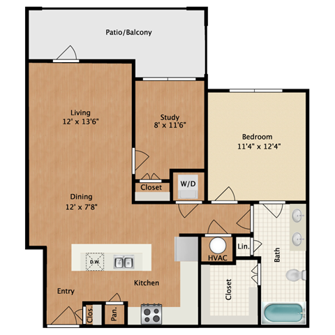 Floor plan for 1 bed, 1 bath, 868 sqft
