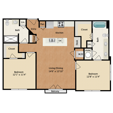 Floor plan for 2 beds, 2 baths, 1007 sqft