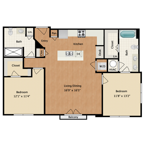 Floor plan for 2 beds, 2 baths, 1040 sqft