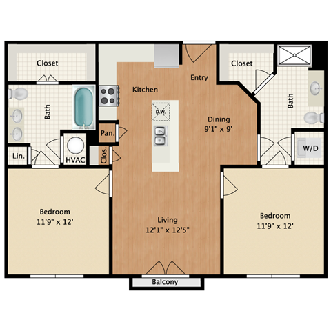 Floor plan for 2 beds, 2 baths, 923 sqft