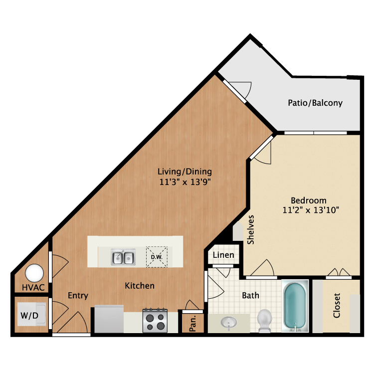 Floor plan for 1 bed, 1 bath, 607 sqft