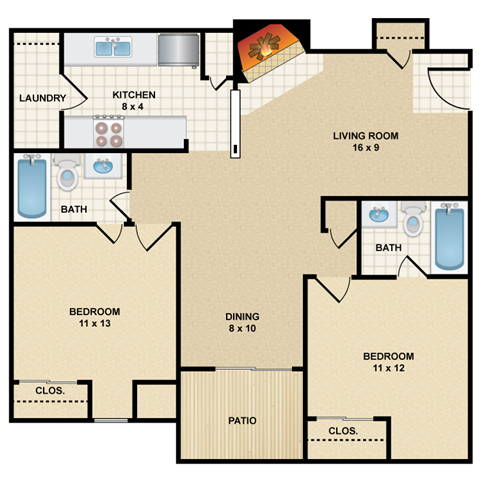 Floor plan for 2 beds, 2 baths, 906 sqft