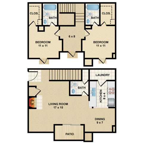 Floor plan for 2 beds, 2.5 baths, 1185 sqft