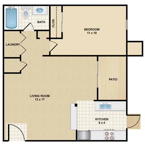 Floor plan for 1 bed, 1 bath, 610 sqft