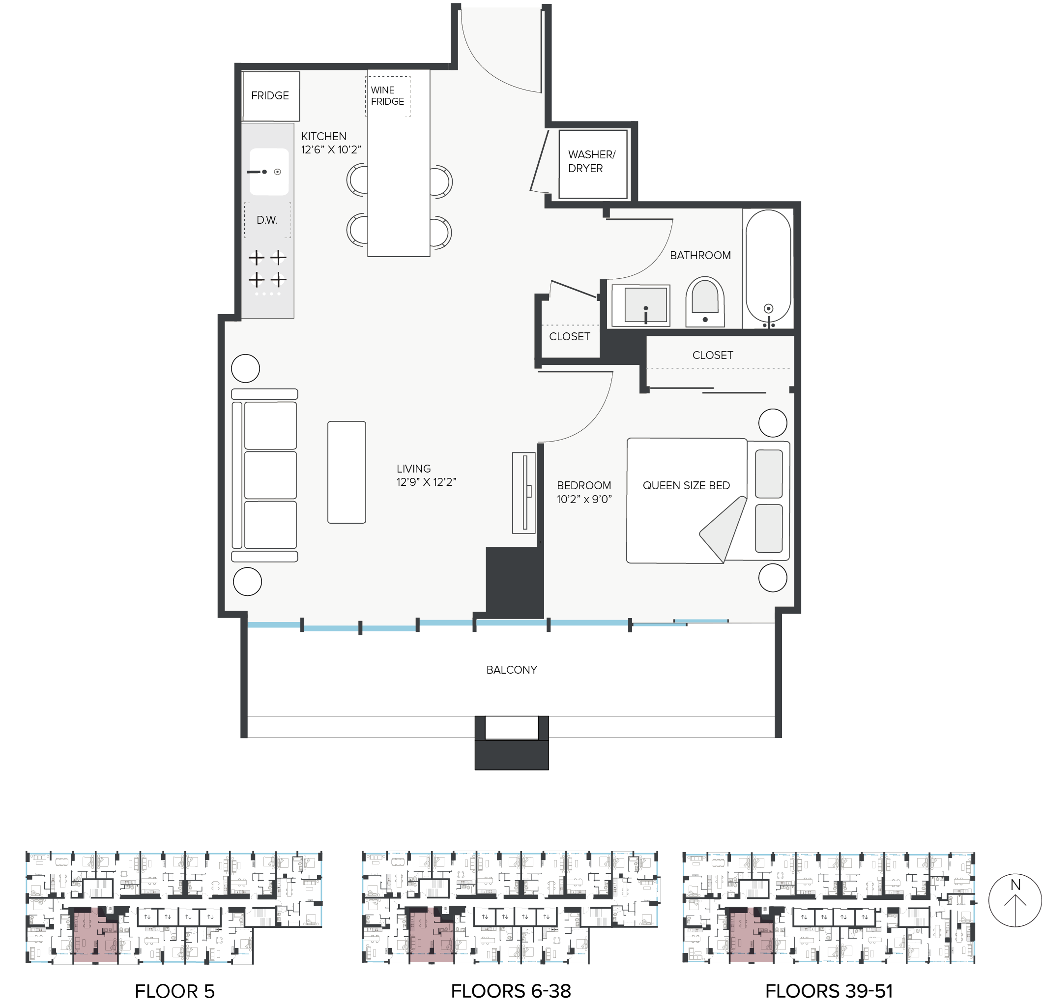 Floor plan for 1 bed, 1 bath, 565 sqft