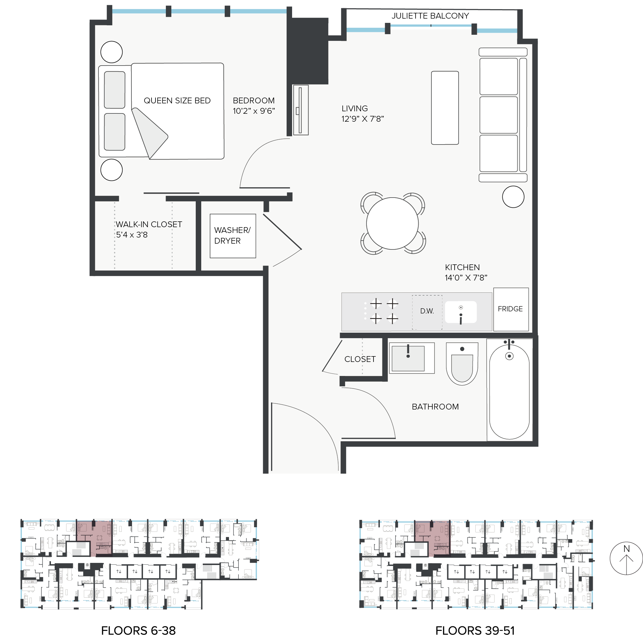Floor plan for 1 bed, 1 bath, 524 sqft