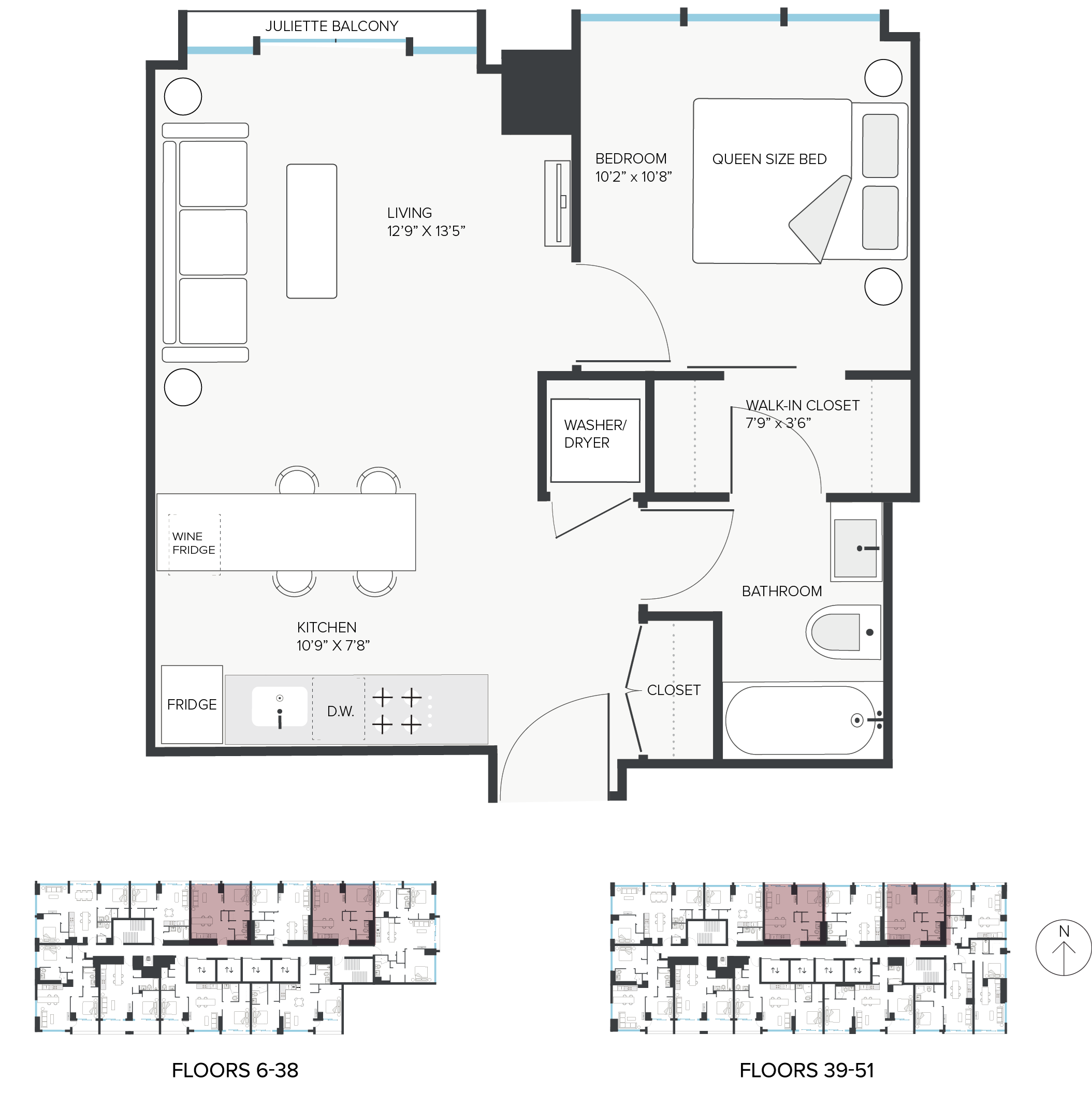 Floor plan for 1 bed, 1 bath, 603 sqft