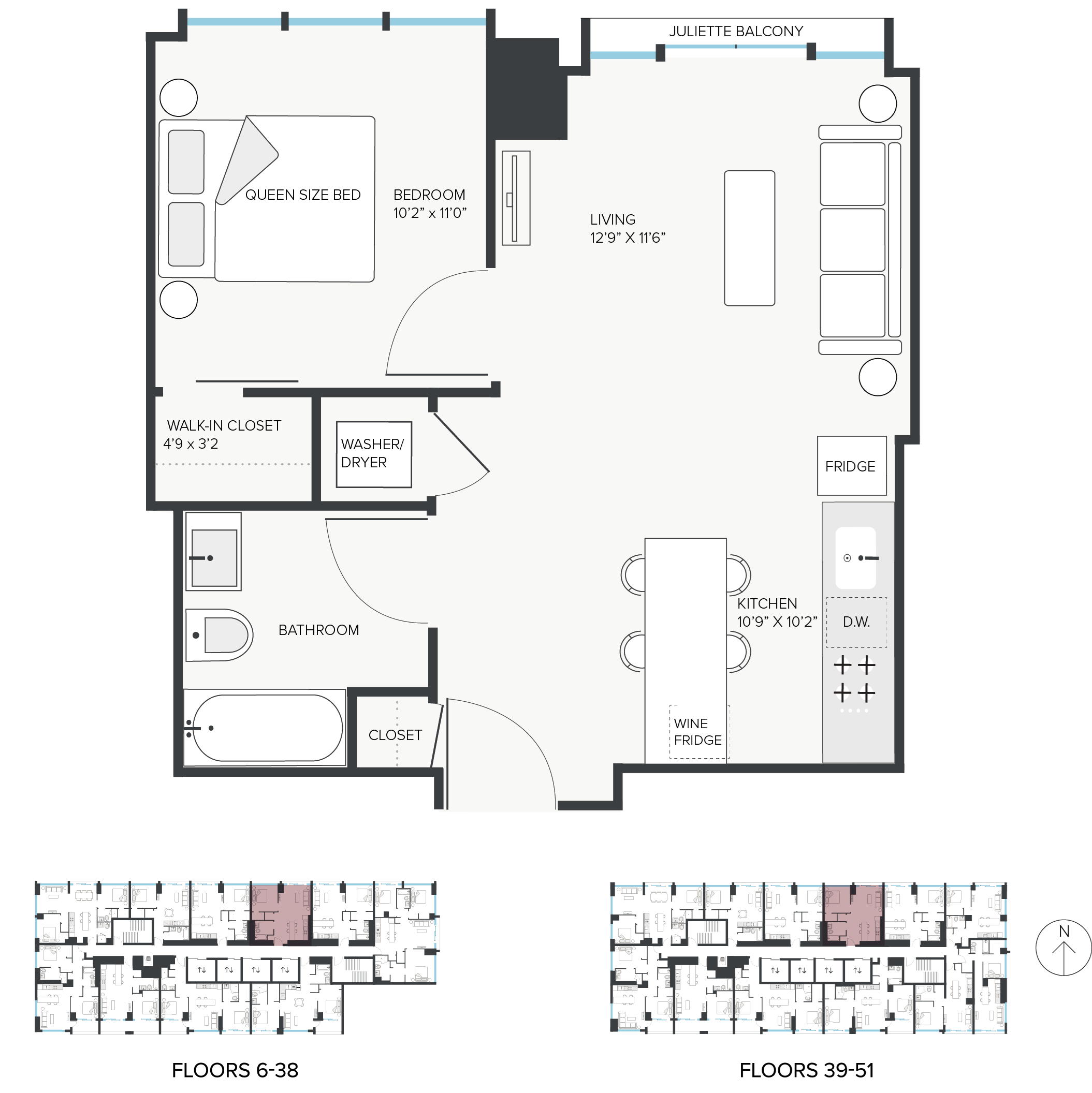 Floor plan for 1 bed, 1 bath, 603 sqft