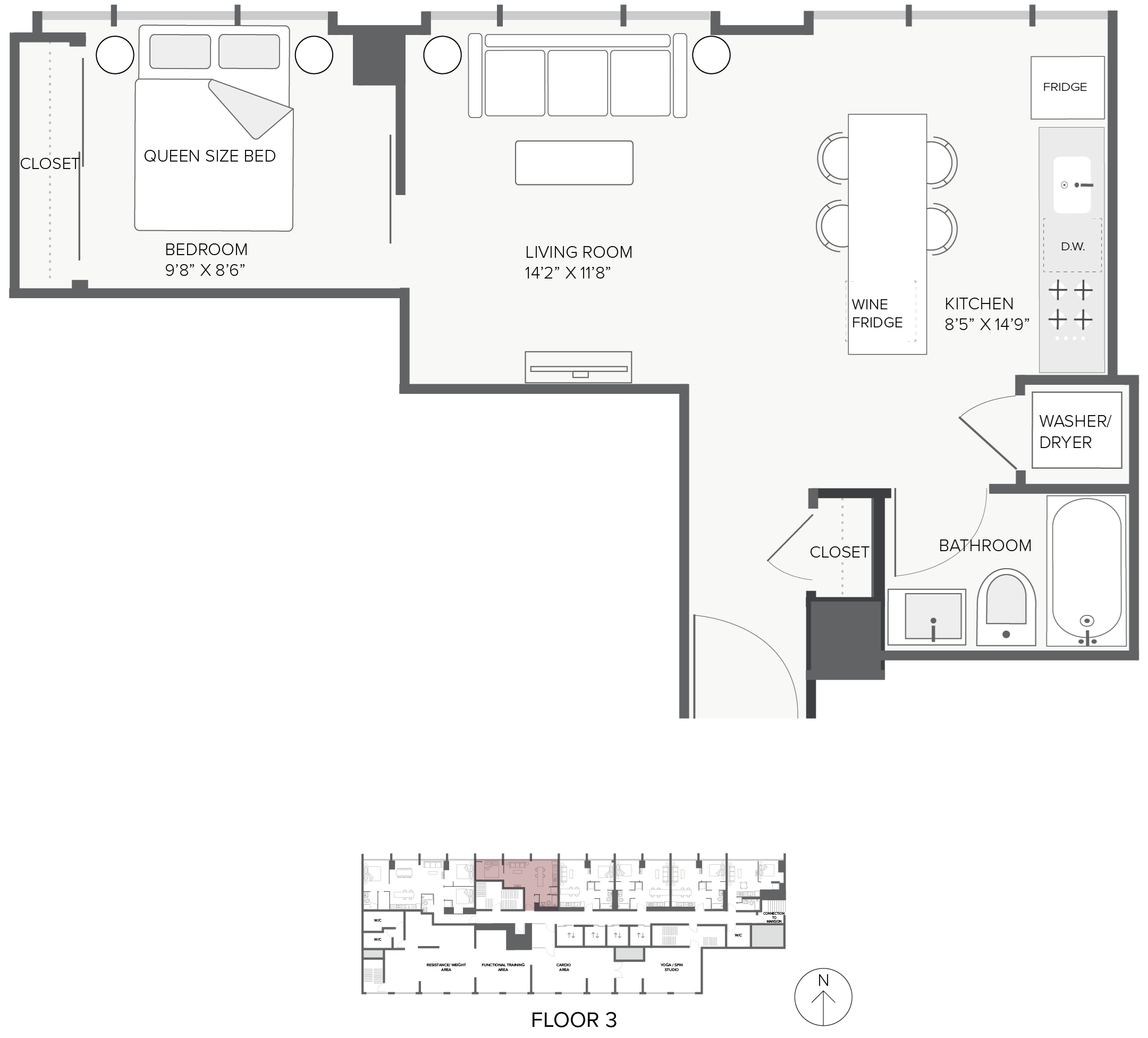 Floor plan for 1 bed, 1 bath, 628 sqft
