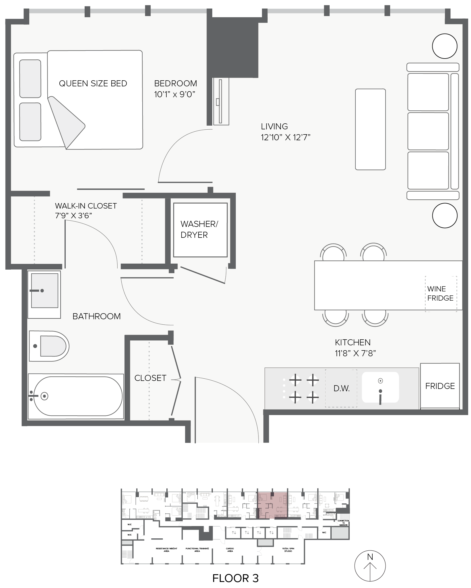 Floor plan for 1 bed, 1 bath, 579 sqft