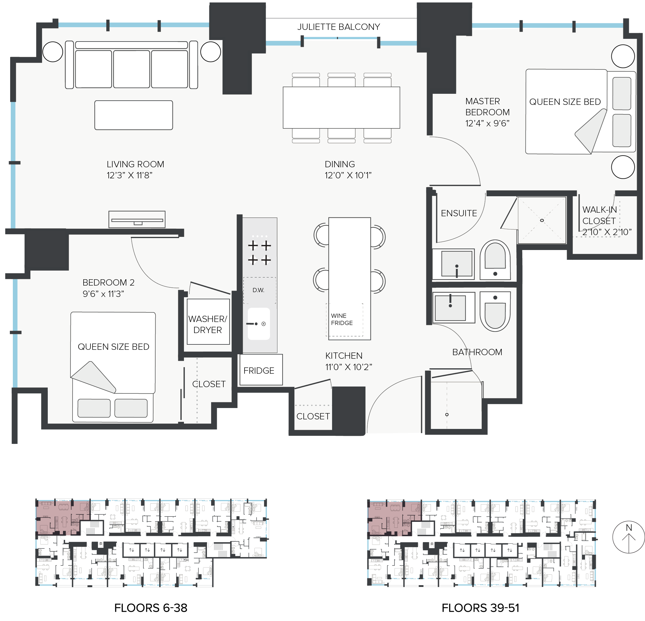 Floor plan for 2 beds, 2 baths, 868 sqft