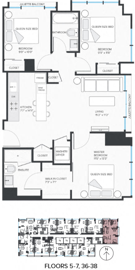 Floor plan for 3 beds, 2 baths, 1093 sqft