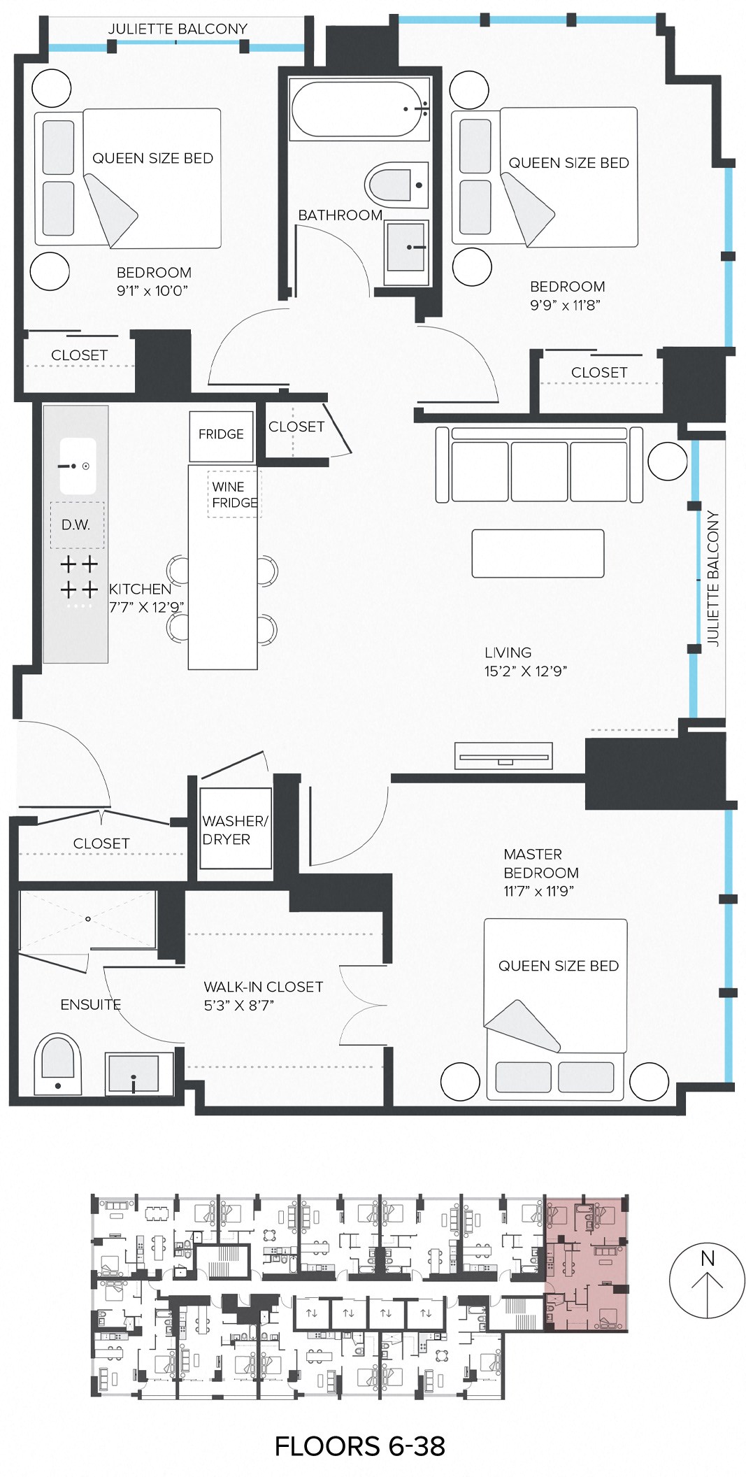 Floor plan for 3 beds, 2 baths, 1093 sqft