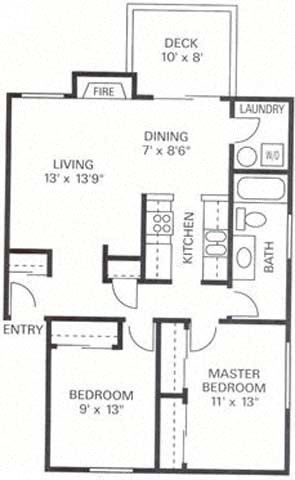Floor plan for 2 beds, 1 bath, 845 sqft
