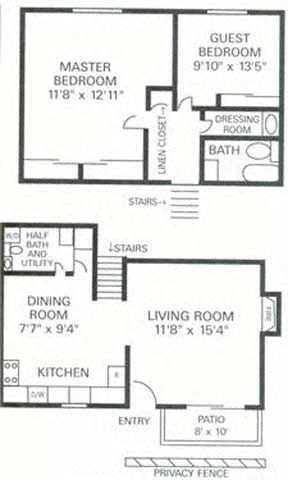 Floor plan for 2 beds, 1.5 baths, 1050 sqft