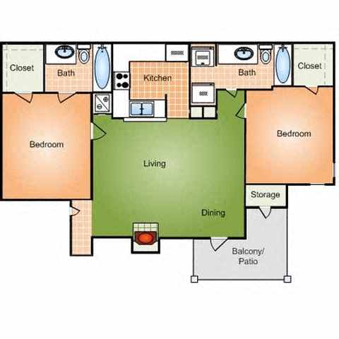 Floor plan for 2 beds, 2 baths, 1050 sqft
