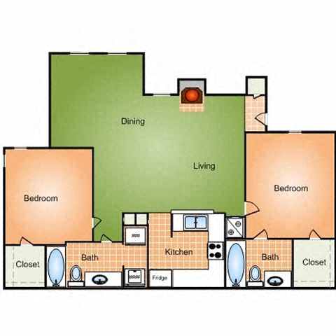 Floor plan for 2 beds, 2 baths, 1108 sqft