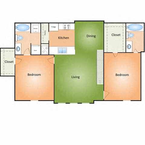 Floor plan for 2 beds, 2 baths, 1110 sqft