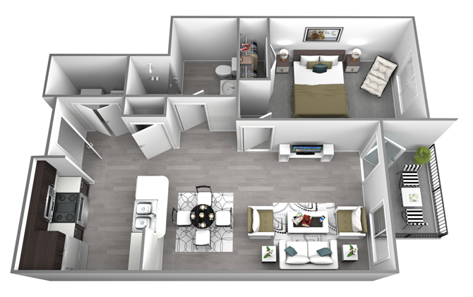 Floor plan for 1 bed, 1 bath, 607 sqft