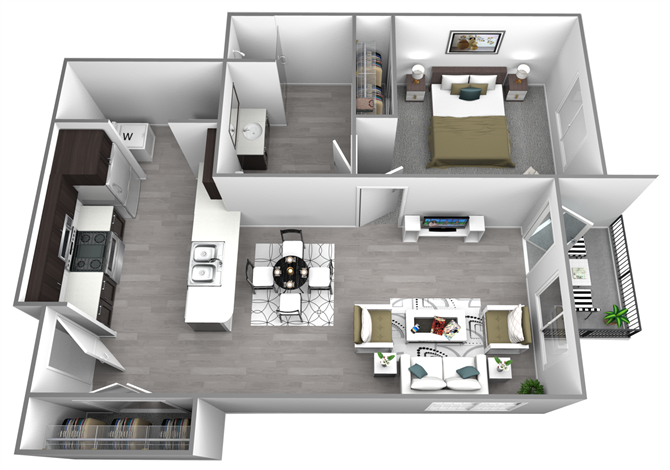 Floor plan for 1 bed, 1 bath, 656 sqft